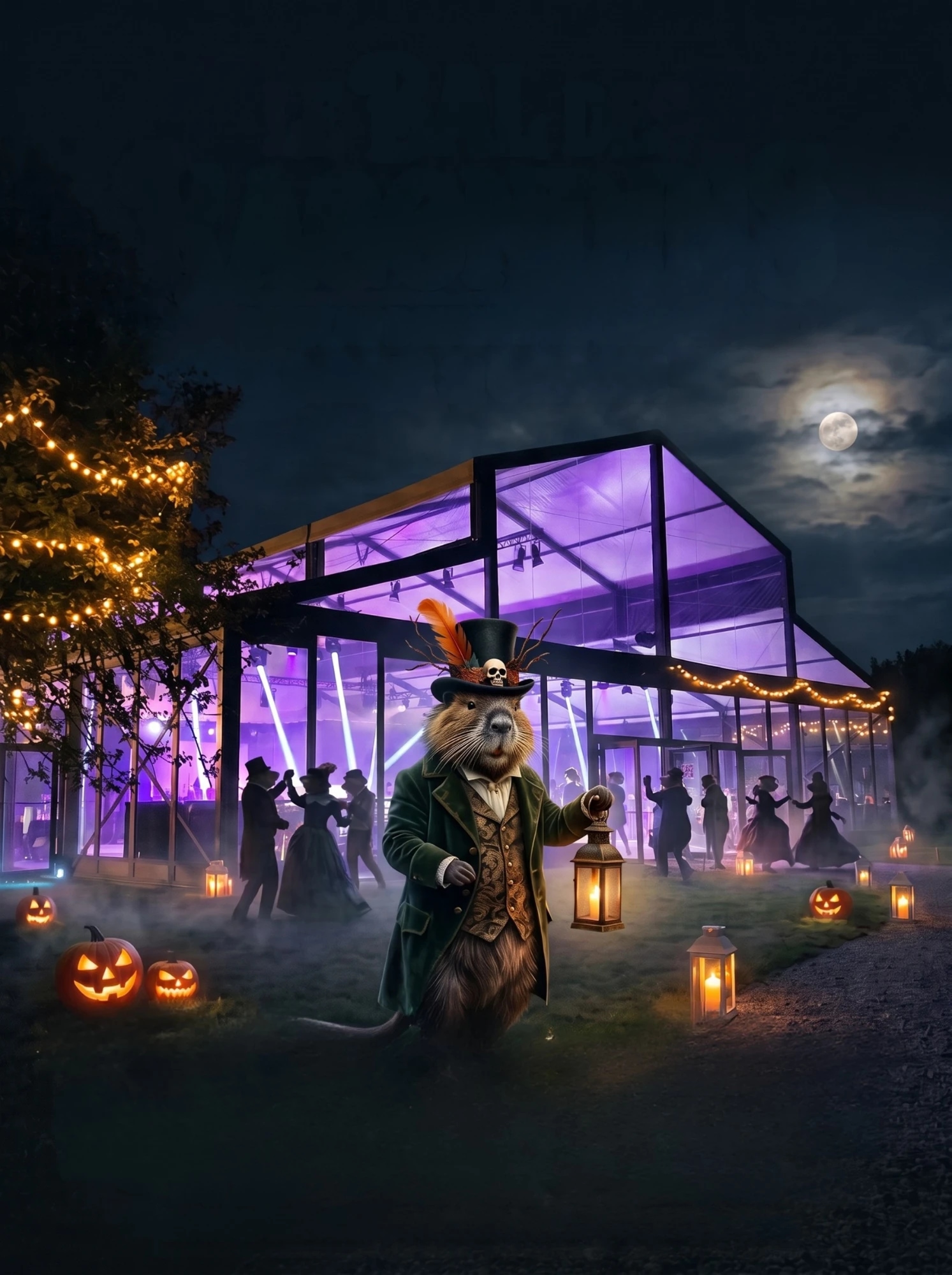 Un ragondin en haut-de-forme, lanterne à la main, devant l'Orangerie illuminée de violet où dansent des silhouettes costumées, entre citrouilles et lanternes